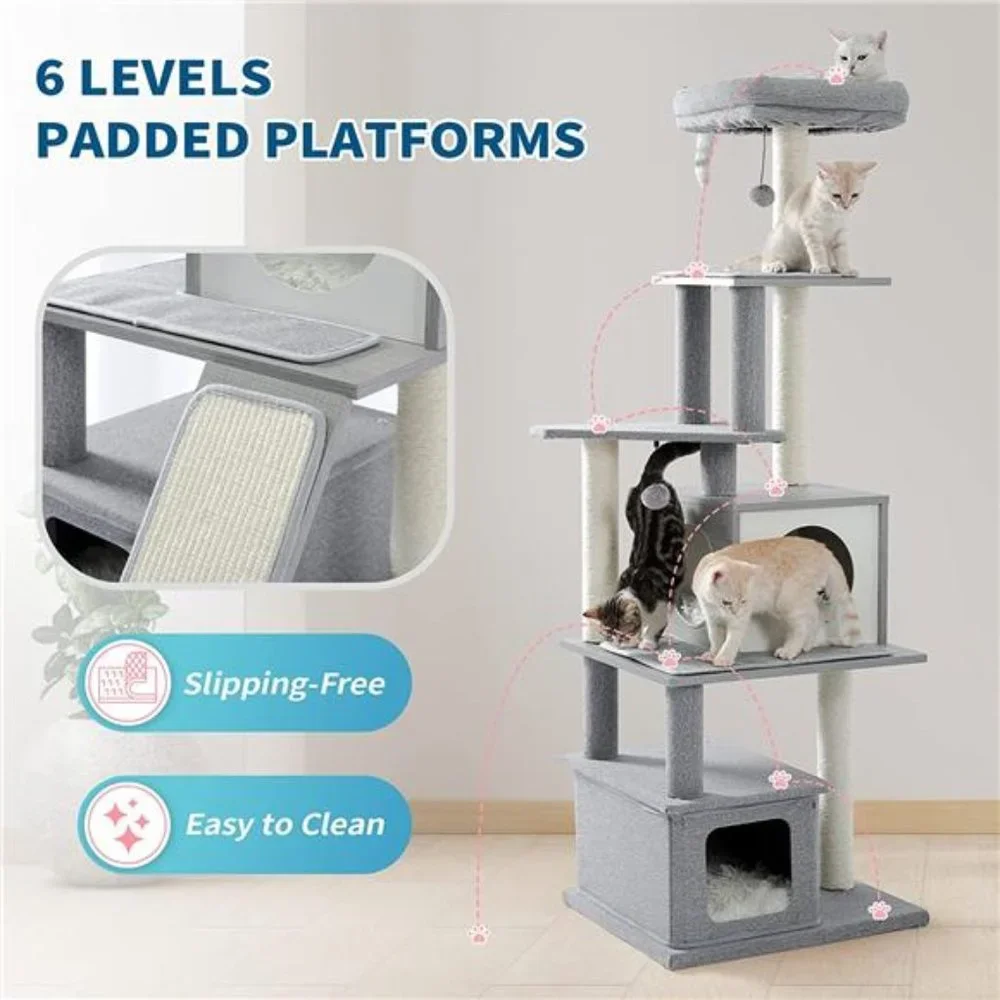 Modern Cat Tower, Wood Cat Tree with Scratch Post and Top Perch Bed, 20 Lbs